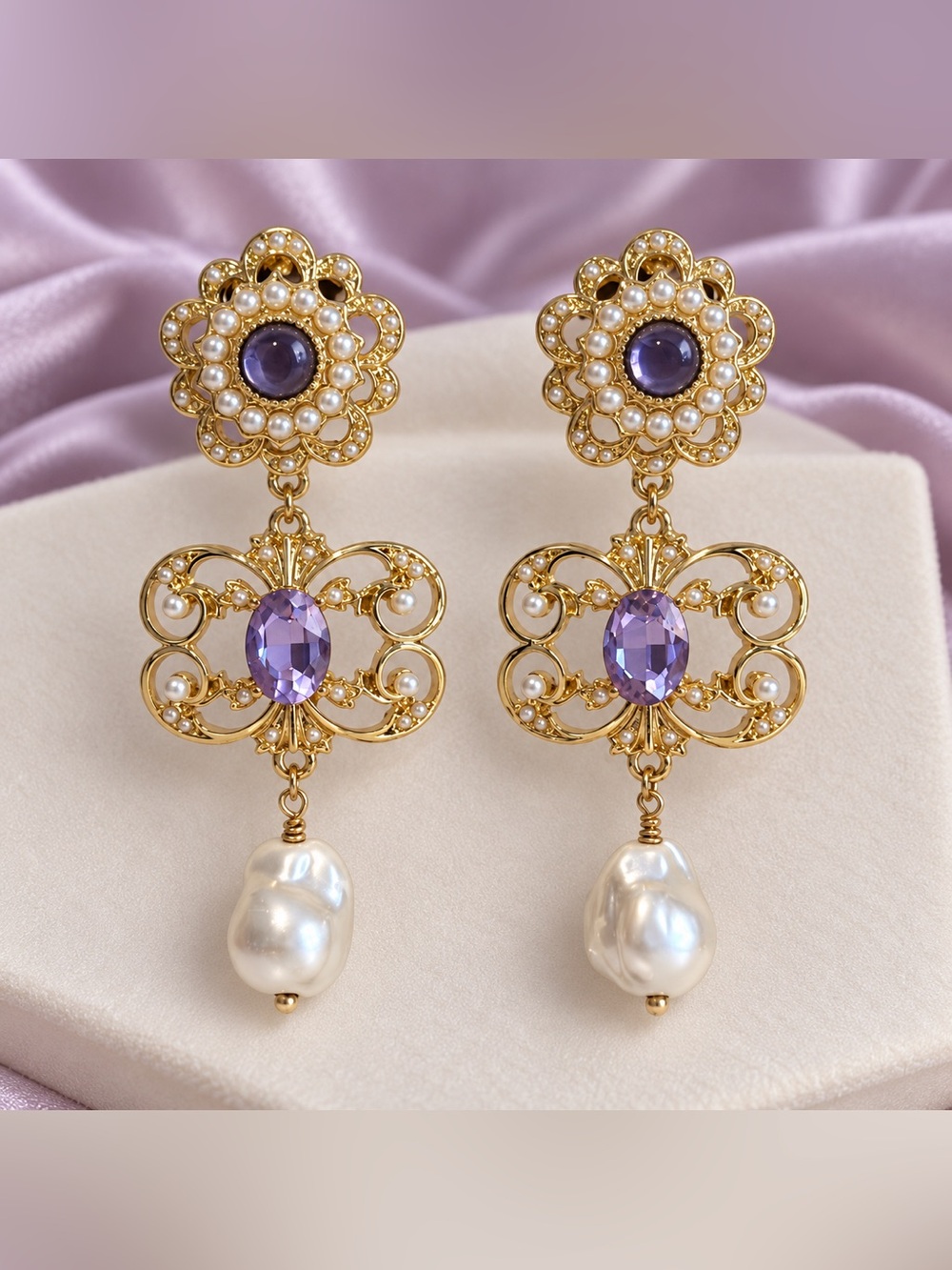 Heidi K Signed Purple Pearl Gold-Tone Baroque Chandelier Earrings